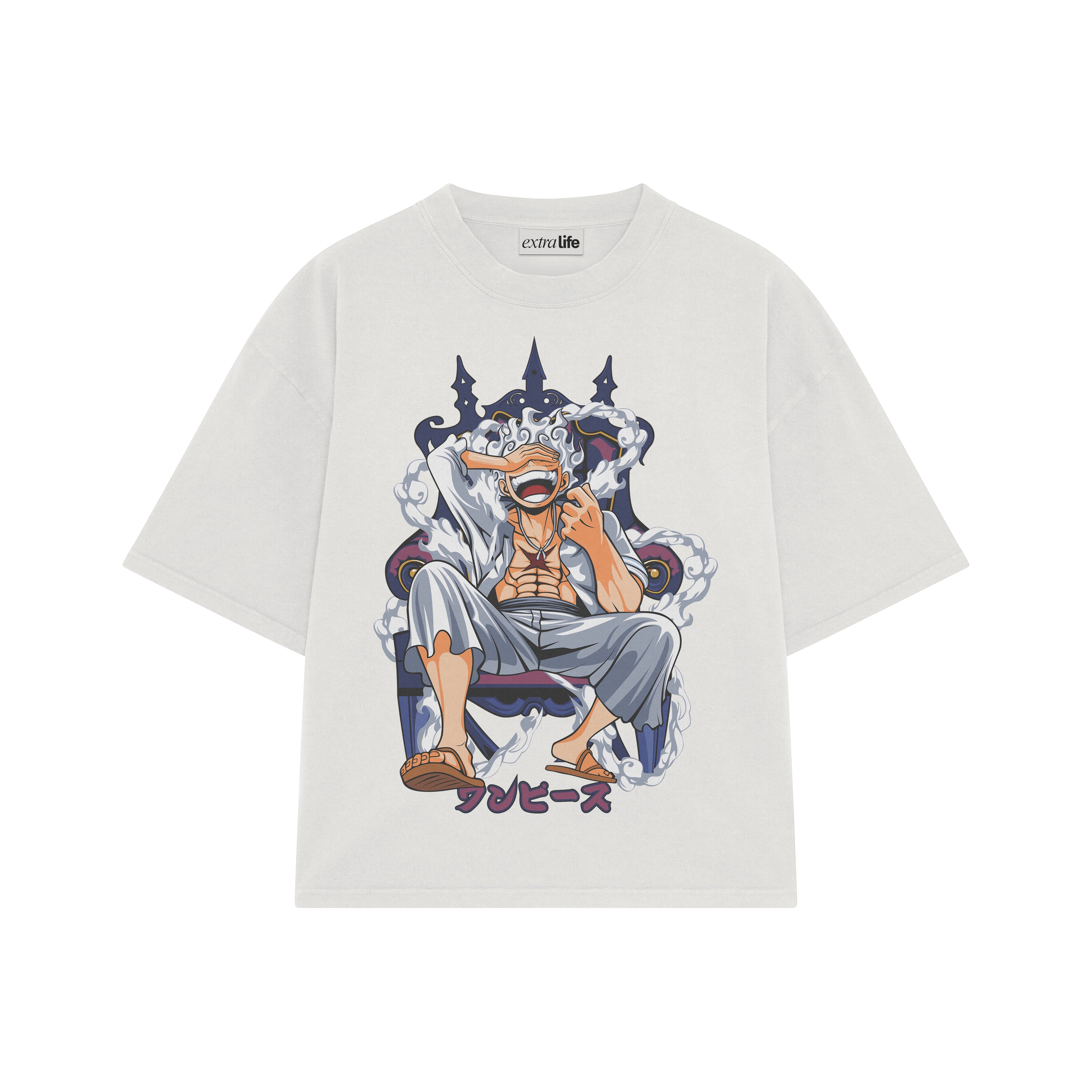 Playera streetwear premium de anime y gaming ExtraLife MX, corte boxy oversized drop shoulder heavyweight en color Deep Black y Off-White, moda urbana mexicana de culto.