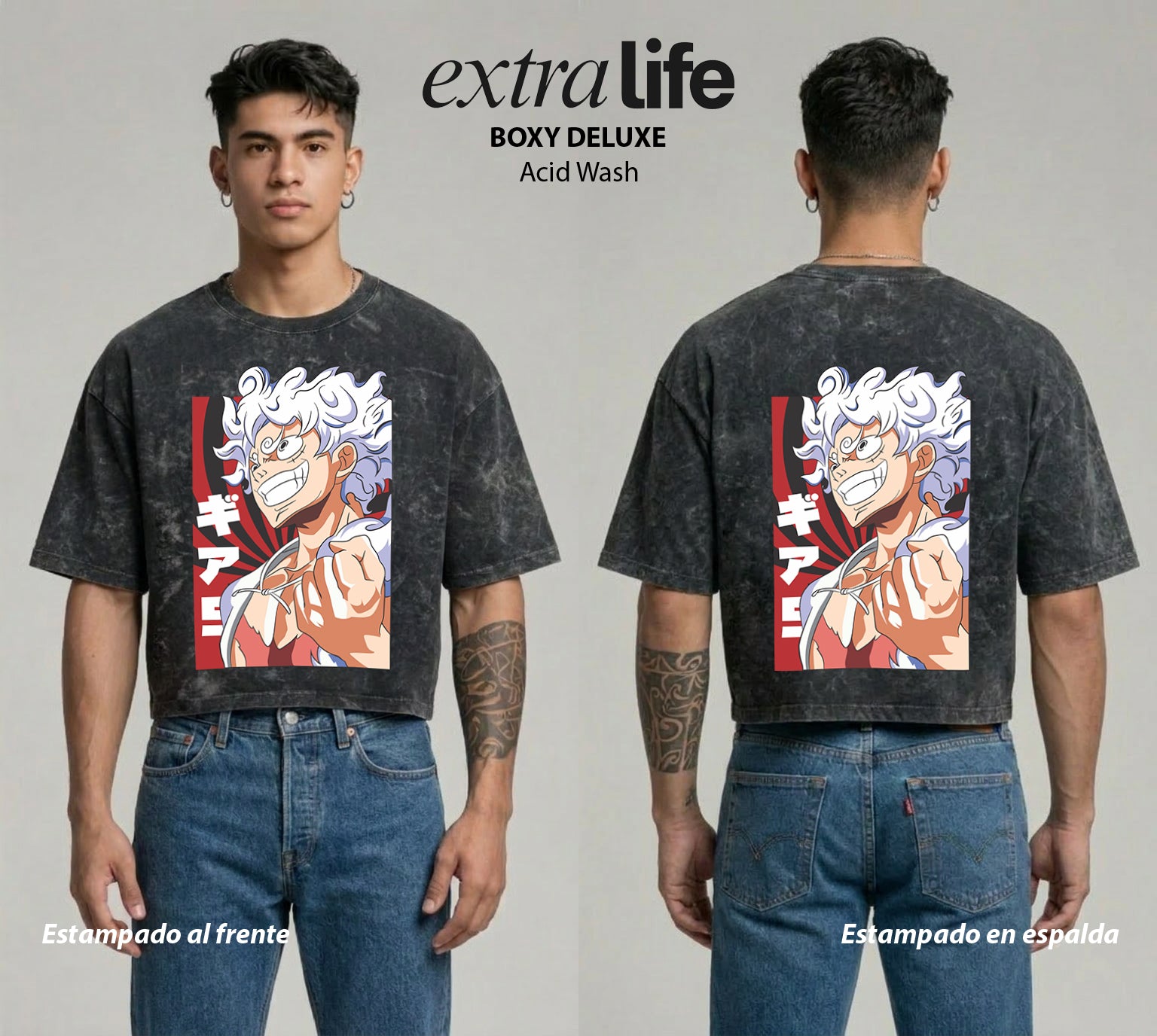 Playera streetwear premium de anime y gaming ExtraLife MX, corte boxy deluxe mineral wash heavyweight en color Acid Wash, moda urbana mexicana de culto.