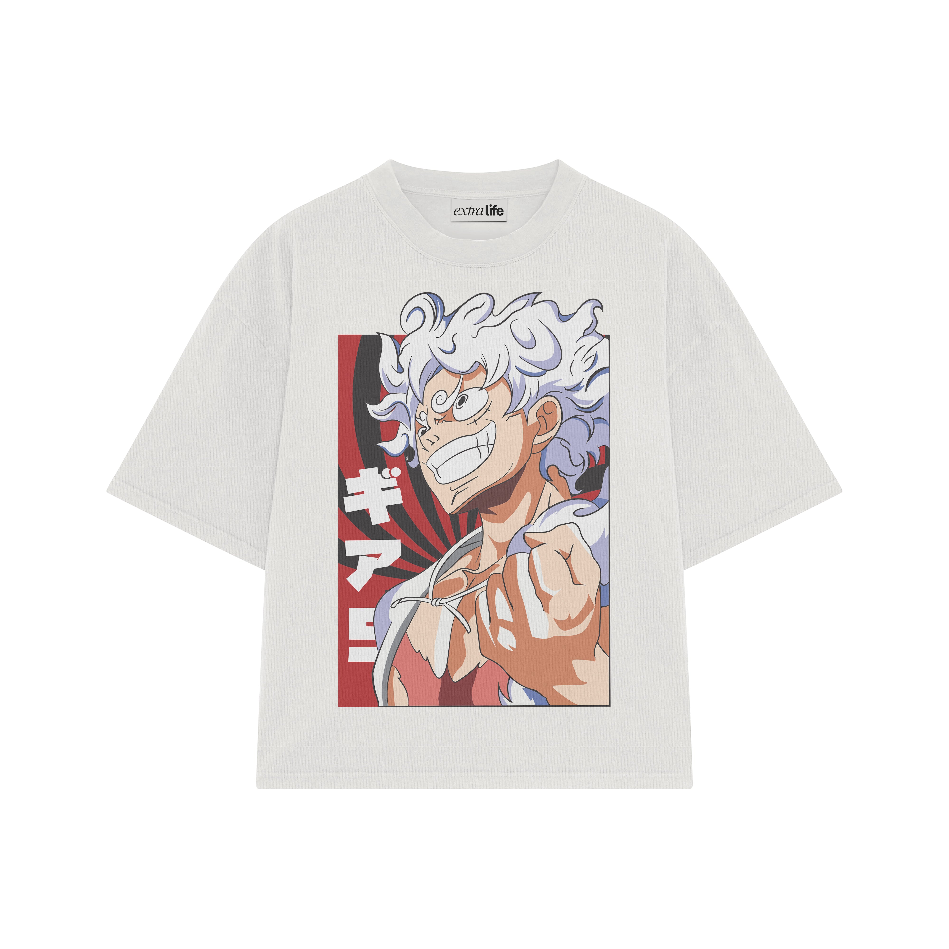 Playera streetwear premium de anime y gaming ExtraLife MX, corte boxy oversized drop shoulder heavyweight en color Deep Black y Off-White, moda urbana mexicana de culto.