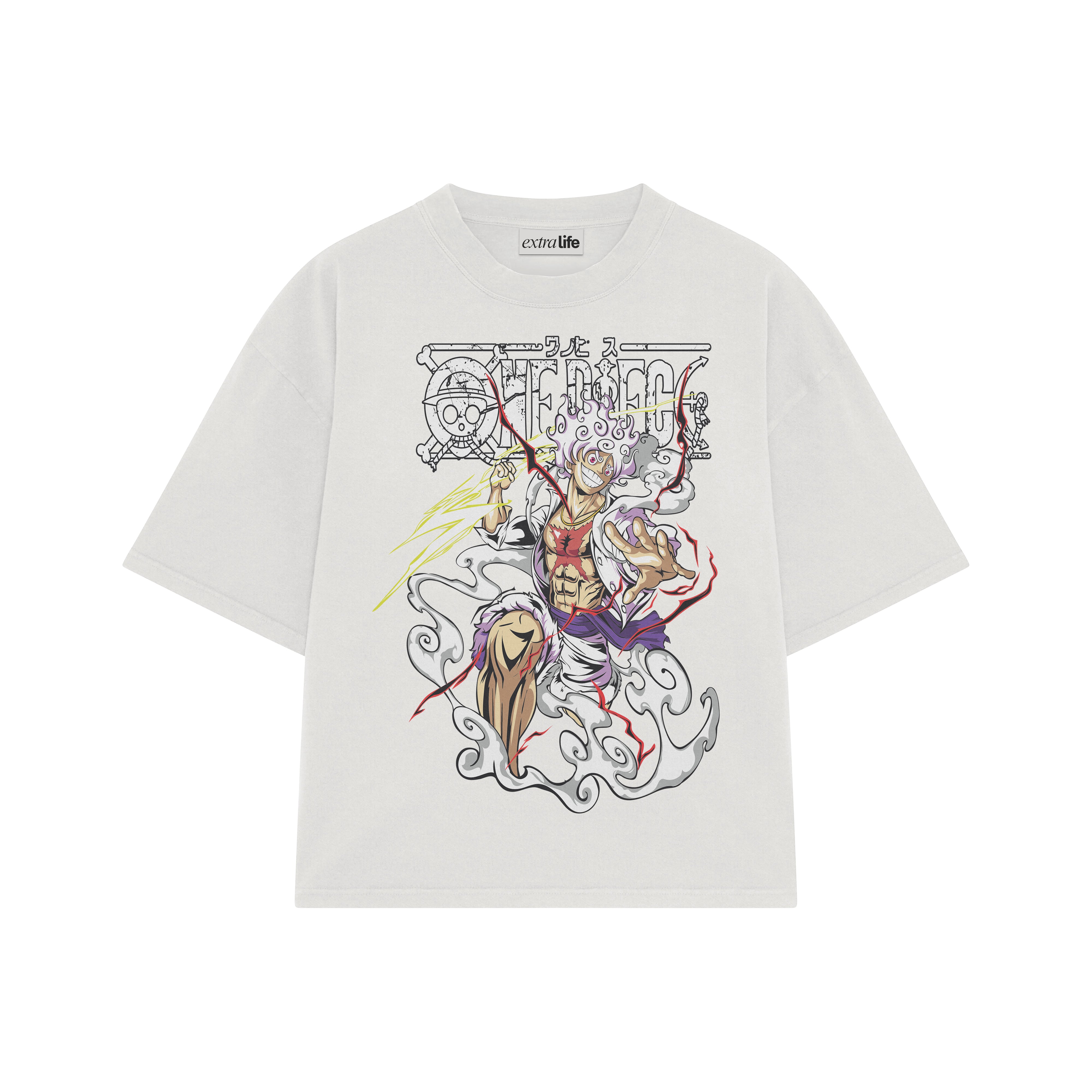 Playera streetwear premium de anime y gaming ExtraLife MX, corte boxy oversized drop shoulder heavyweight en color Deep Black y Off-White, moda urbana mexicana de culto.