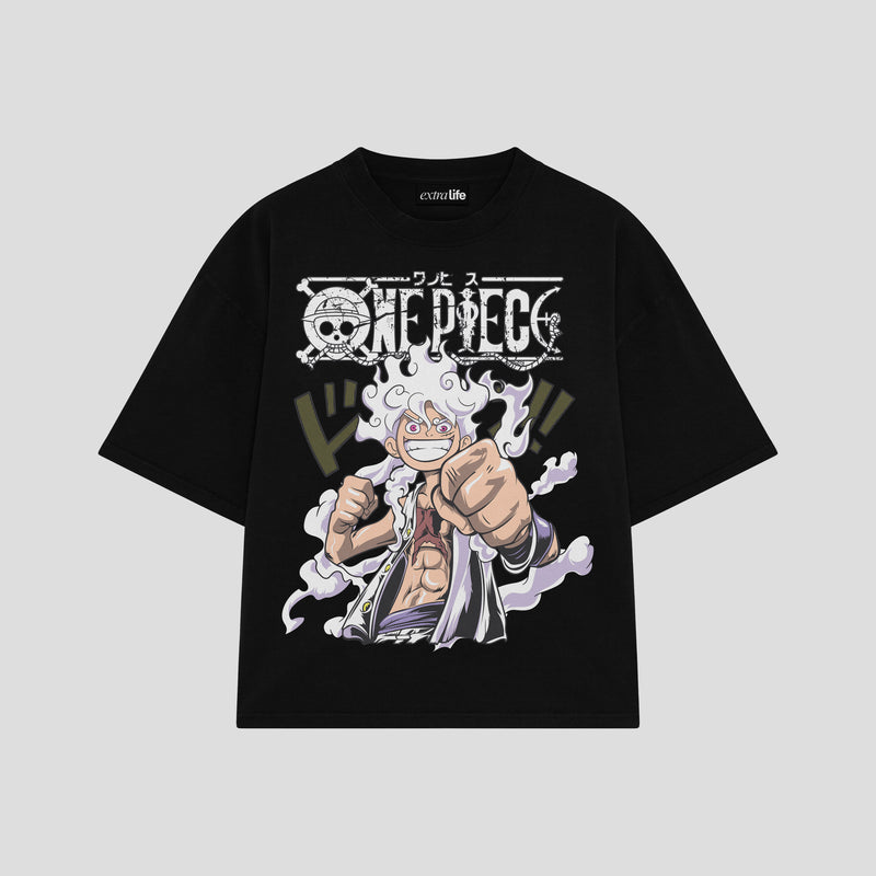 Playera streetwear premium de anime y gaming ExtraLife MX, corte boxy oversized drop shoulder heavyweight en color Deep Black y Off-White, moda urbana mexicana de culto.