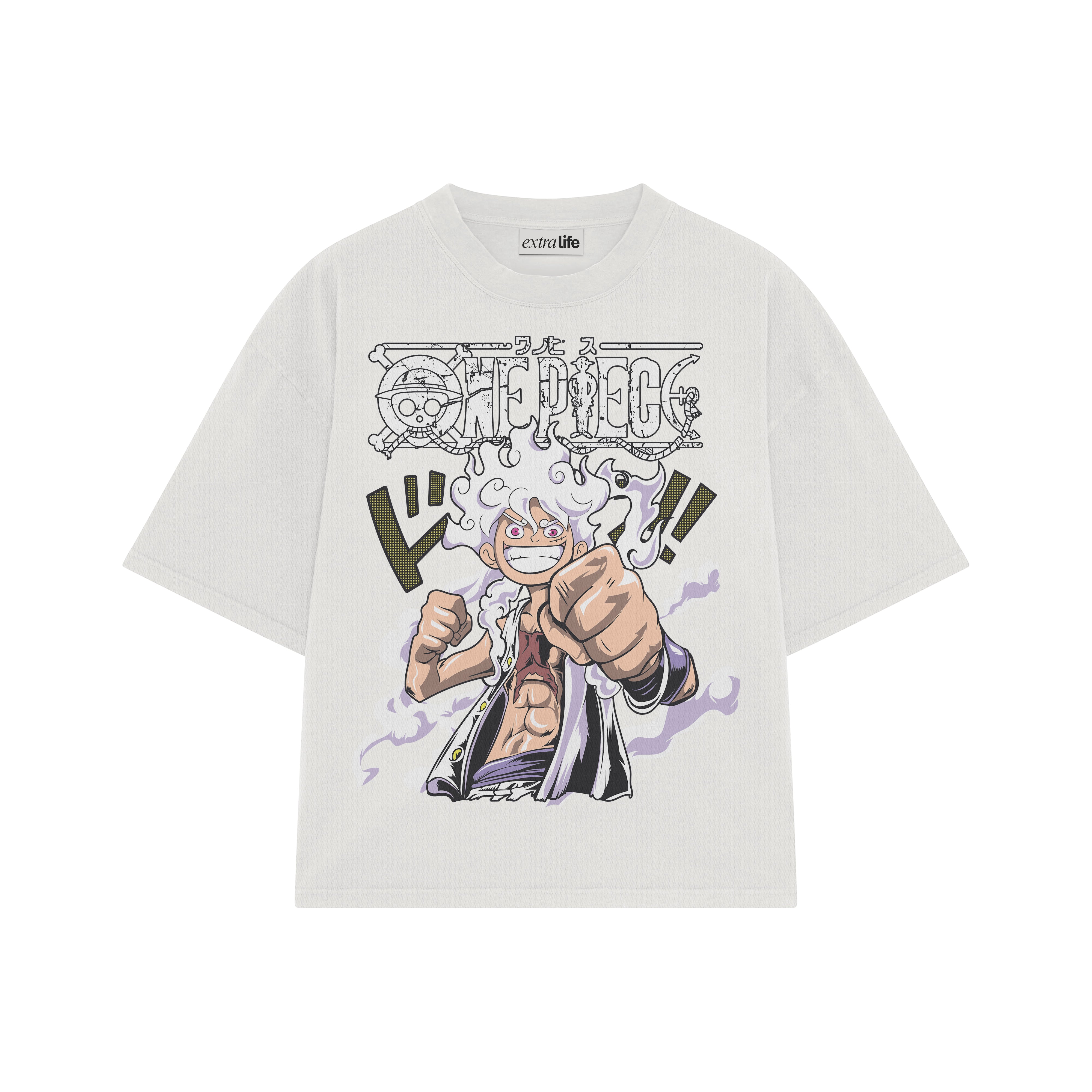 Playera streetwear premium de anime y gaming ExtraLife MX, corte boxy oversized drop shoulder heavyweight en color Deep Black y Off-White, moda urbana mexicana de culto.