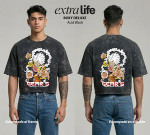 Playera streetwear premium de anime y gaming ExtraLife MX, corte boxy deluxe mineral wash heavyweight en color Acid Wash, moda urbana mexicana de culto.