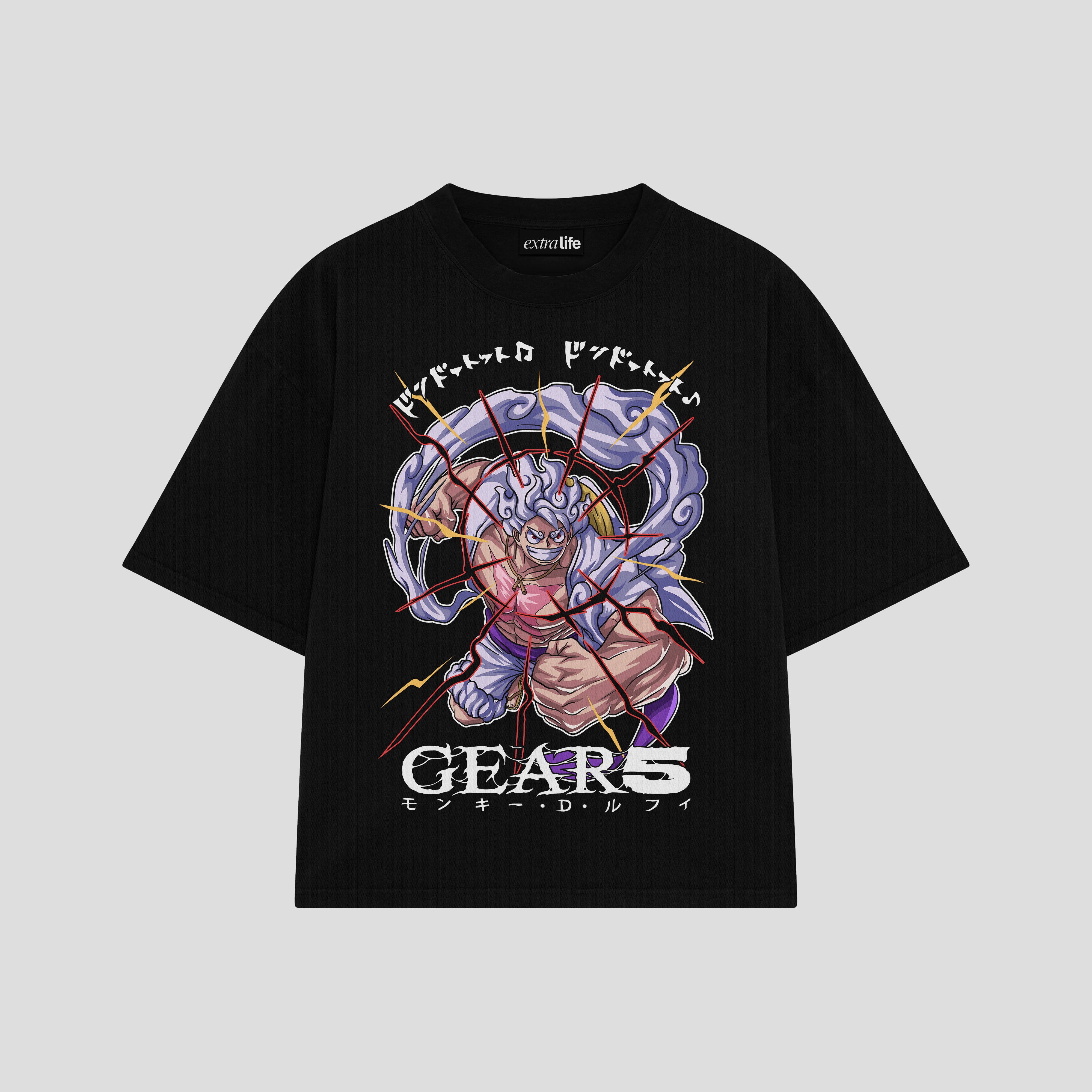 Playera streetwear premium de anime y gaming ExtraLife MX, corte boxy oversized drop shoulder heavyweight en color Deep Black y Off-White, moda urbana mexicana de culto.