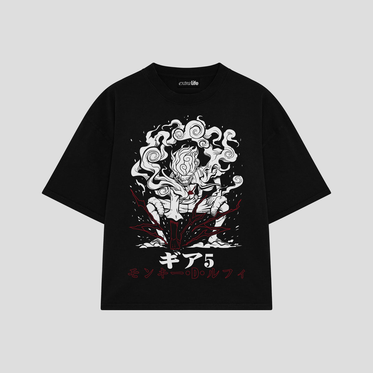 Playera streetwear premium de anime y gaming ExtraLife MX, corte oversized drop shoulder ligero y fresco en color Deep Black y Off-White, moda urbana mexicana de culto.