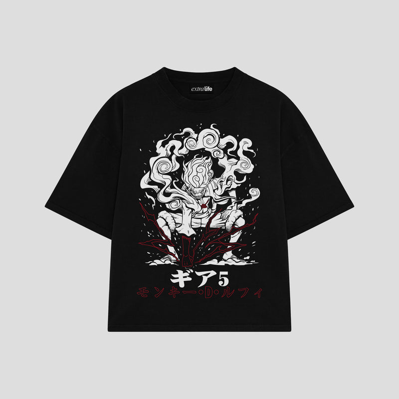 Playera streetwear premium de anime y gaming ExtraLife MX, corte boxy oversized drop shoulder heavyweight en color Deep Black y Off-White, moda urbana mexicana de culto.