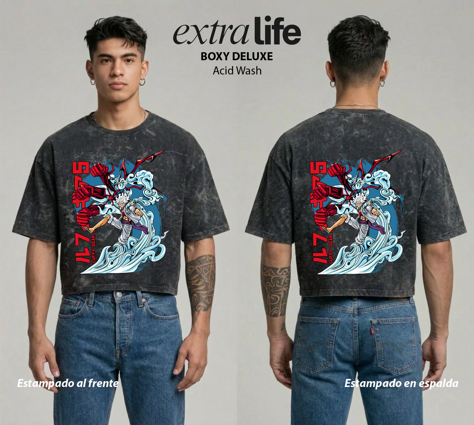 Playera streetwear premium de anime y gaming ExtraLife MX, corte boxy deluxe mineral wash heavyweight en color Acid Wash, moda urbana mexicana de culto.