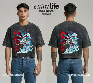 Playera streetwear premium de anime y gaming ExtraLife MX, corte boxy deluxe mineral wash heavyweight en color Acid Wash, moda urbana mexicana de culto.