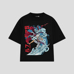 Playera streetwear premium de anime y gaming ExtraLife MX, corte boxy oversized drop shoulder heavyweight en color Deep Black y Off-White, moda urbana mexicana de culto.