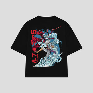Playera streetwear premium de anime y gaming ExtraLife MX, corte boxy oversized drop shoulder heavyweight en color Deep Black y Off-White, moda urbana mexicana de culto.