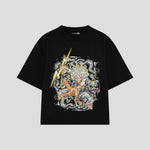 Playera streetwear premium de anime y gaming ExtraLife MX, corte boxy oversized drop shoulder heavyweight en color Deep Black y Off-White, moda urbana mexicana de culto.