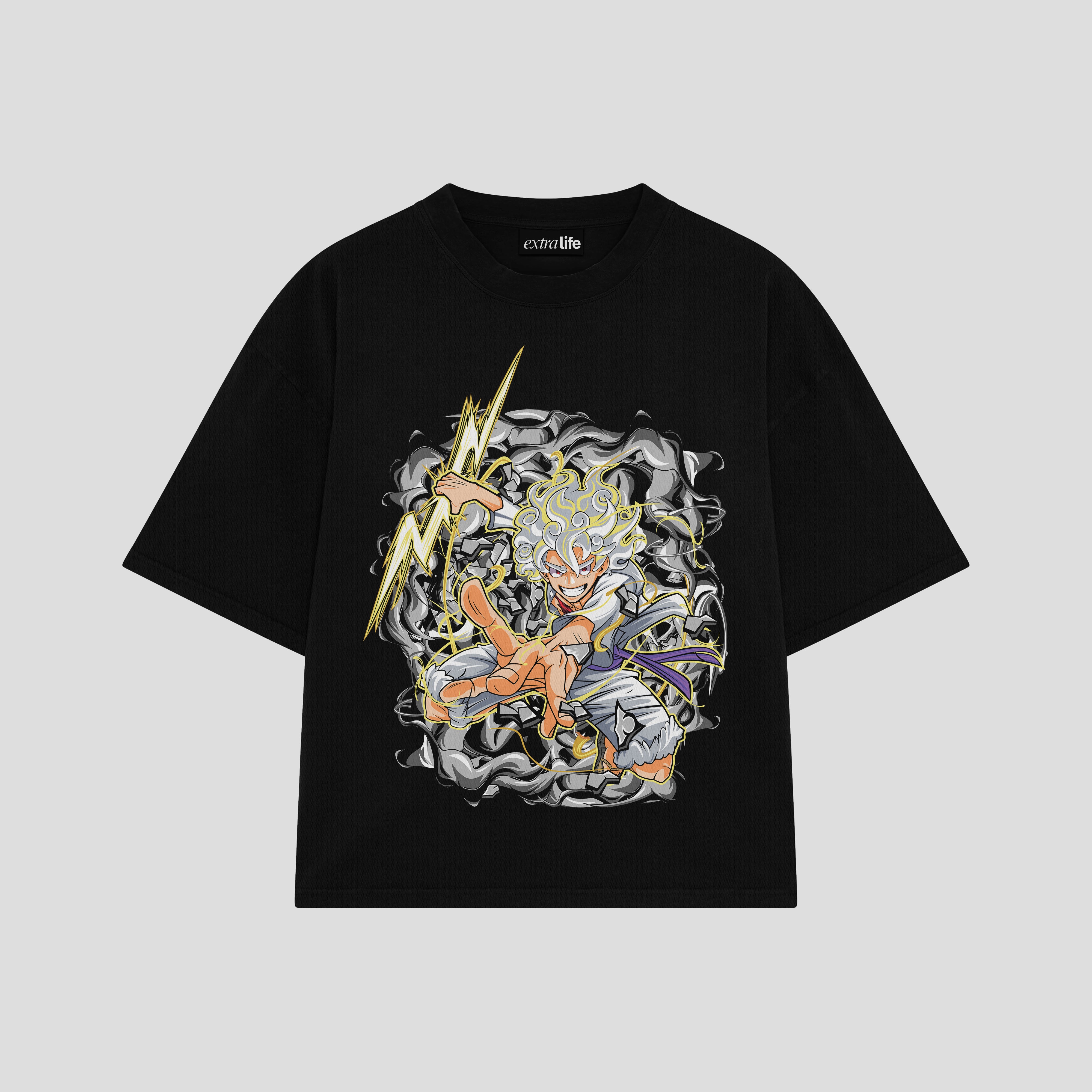 Playera streetwear premium de anime y gaming ExtraLife MX, corte boxy oversized drop shoulder heavyweight en color Deep Black y Off-White, moda urbana mexicana de culto.