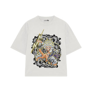 Playera streetwear premium de anime y gaming ExtraLife MX, corte boxy oversized drop shoulder heavyweight en color Deep Black y Off-White, moda urbana mexicana de culto.