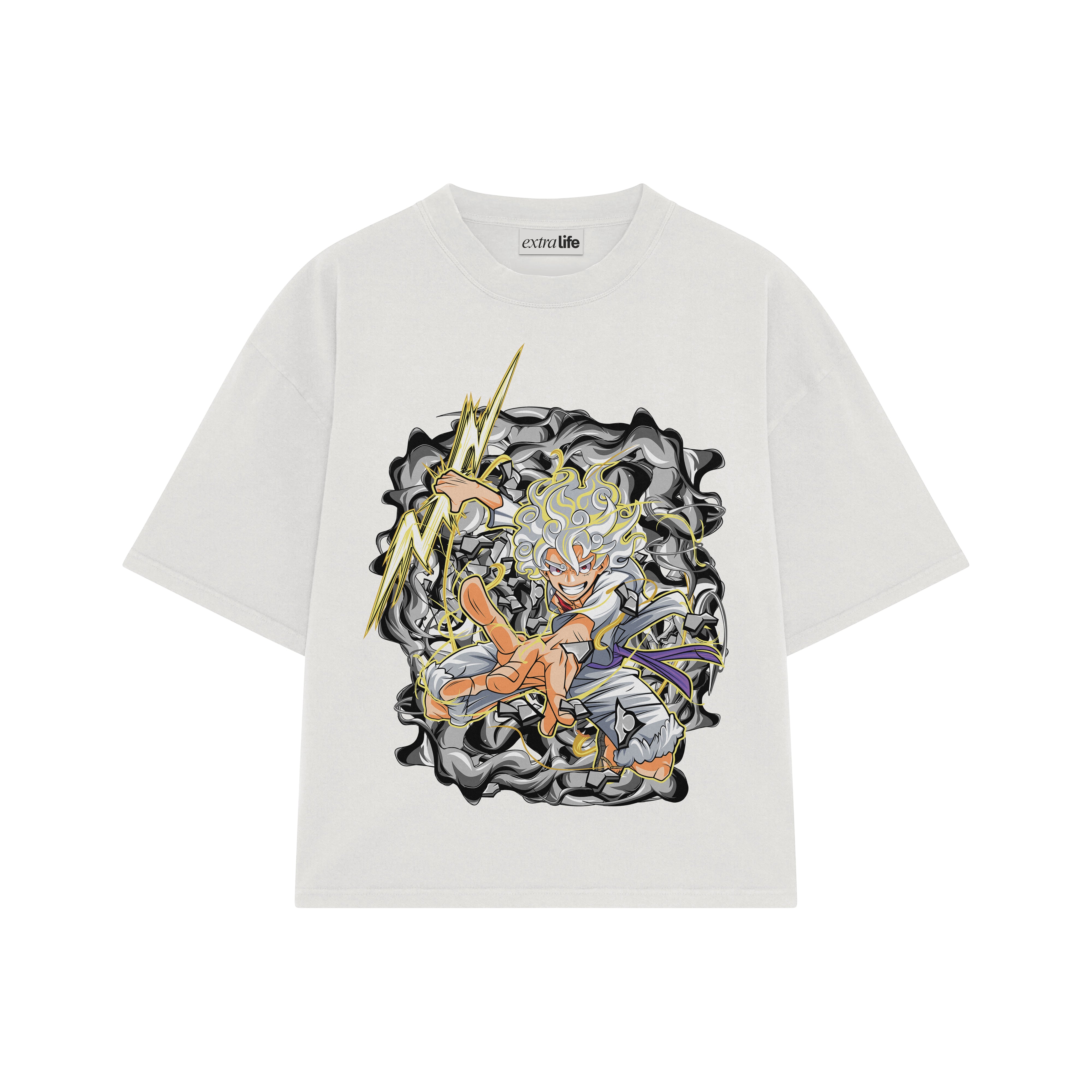 Playera streetwear premium de anime y gaming ExtraLife MX, corte boxy oversized drop shoulder heavyweight en color Deep Black y Off-White, moda urbana mexicana de culto.