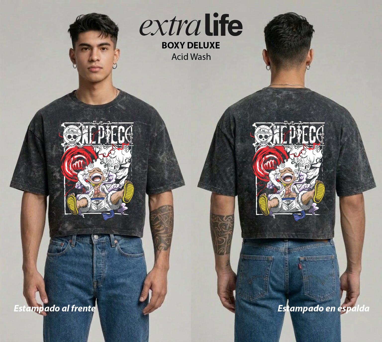 Playera streetwear premium de anime y gaming ExtraLife MX, corte boxy deluxe mineral wash heavyweight en color Acid Wash, moda urbana mexicana de culto.
