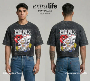 Playera streetwear premium de anime y gaming ExtraLife MX, corte boxy deluxe mineral wash heavyweight en color Acid Wash, moda urbana mexicana de culto.