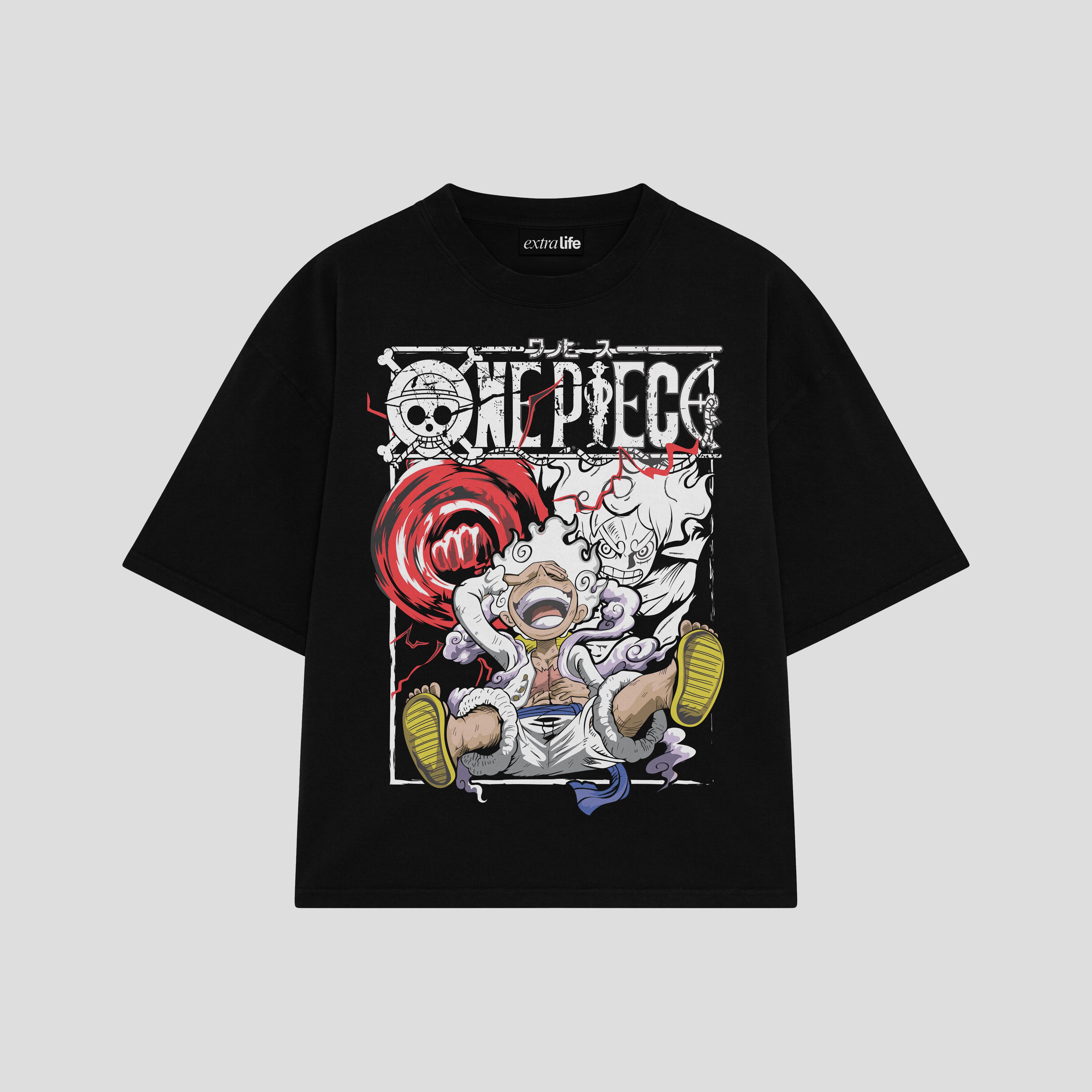 Playera streetwear premium de anime y gaming ExtraLife MX, corte boxy oversized drop shoulder heavyweight en color Deep Black y Off-White, moda urbana mexicana de culto.