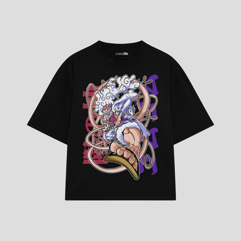 Playera streetwear premium de anime y gaming ExtraLife MX, corte boxy oversized drop shoulder heavyweight en color Deep Black y Off-White, moda urbana mexicana de culto.