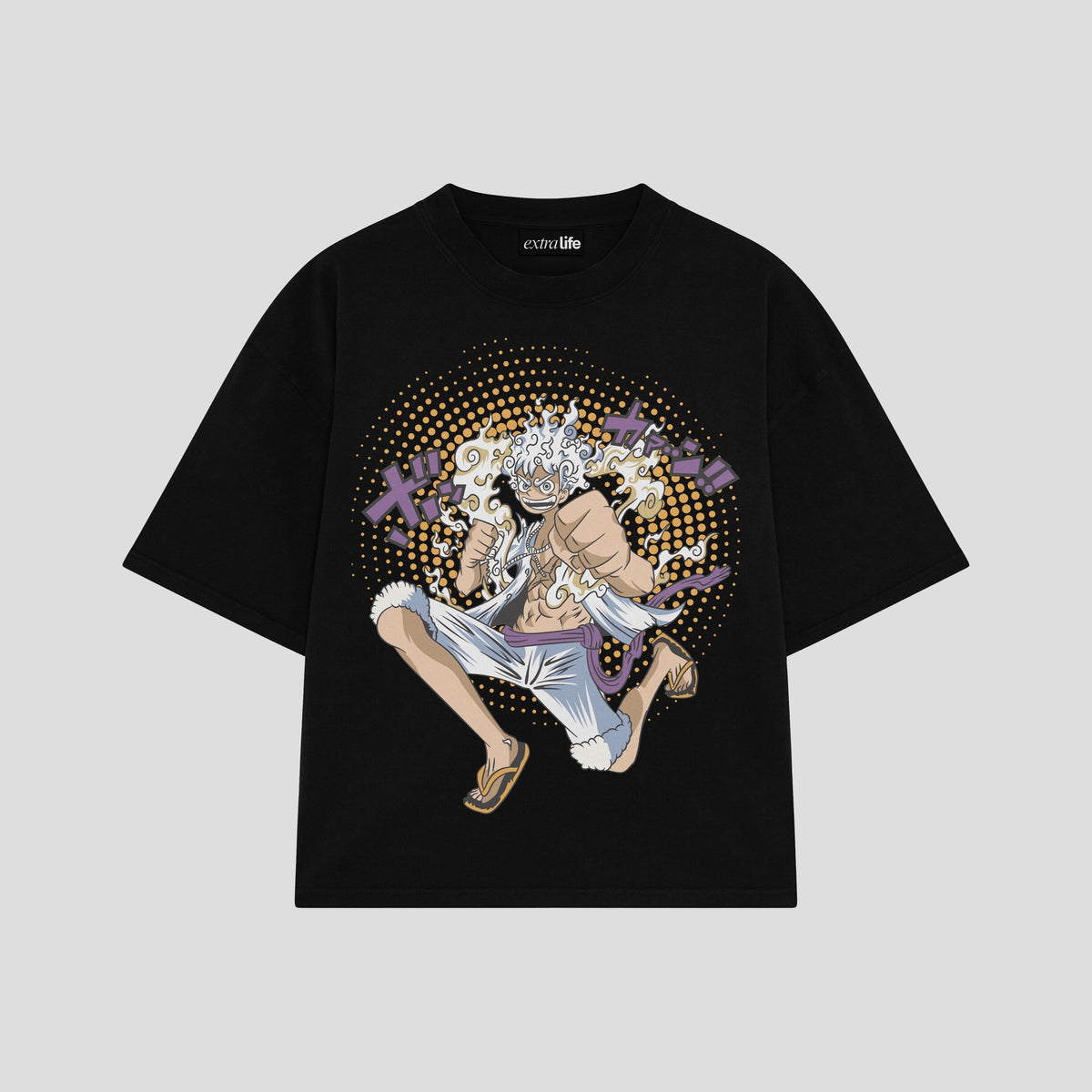 Playera streetwear premium de anime y gaming ExtraLife MX, corte oversized drop shoulder ligero y fresco en color Deep Black y Off-White, moda urbana mexicana de culto.