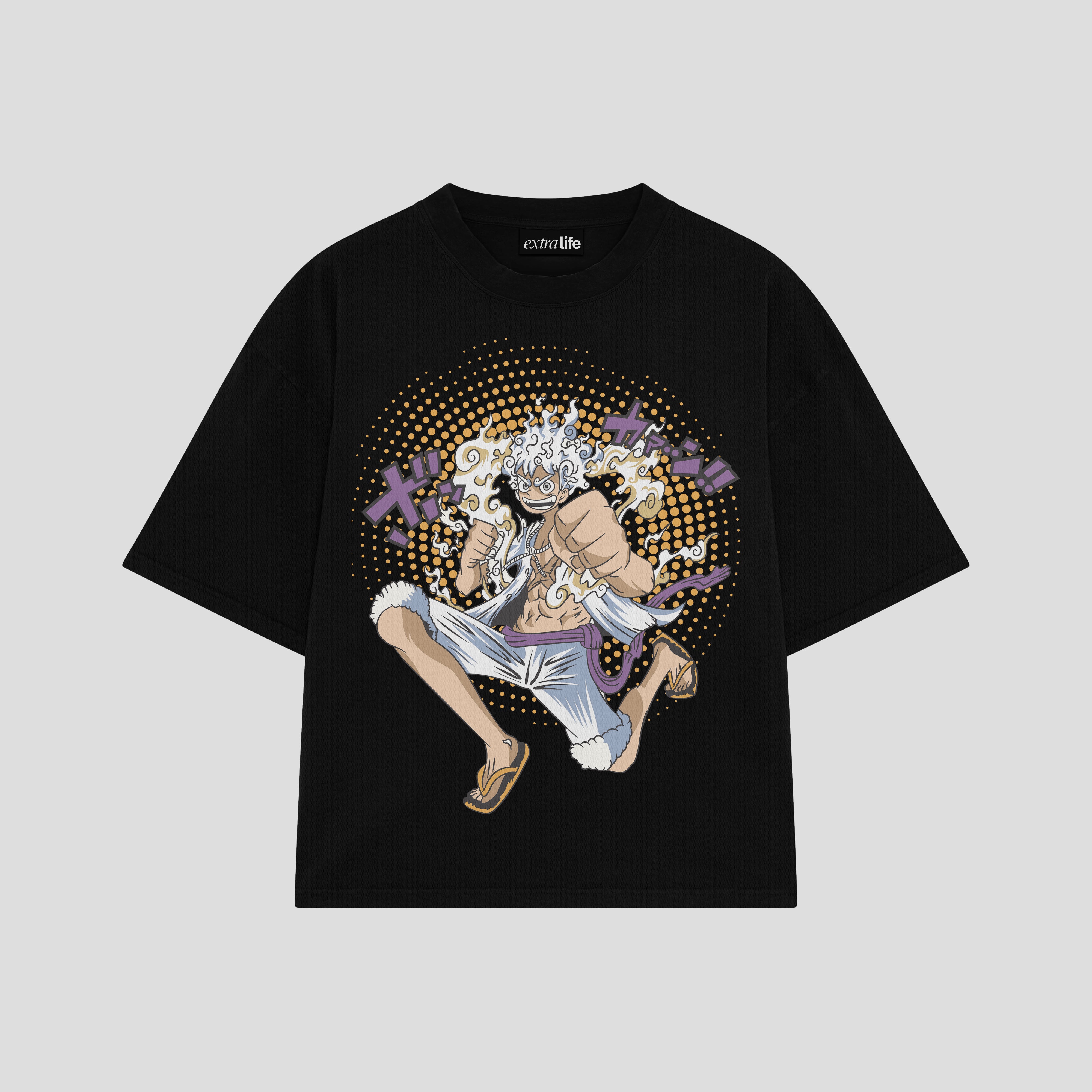 Playera streetwear premium de anime y gaming ExtraLife MX, corte boxy oversized drop shoulder heavyweight en color Deep Black y Off-White, moda urbana mexicana de culto.
