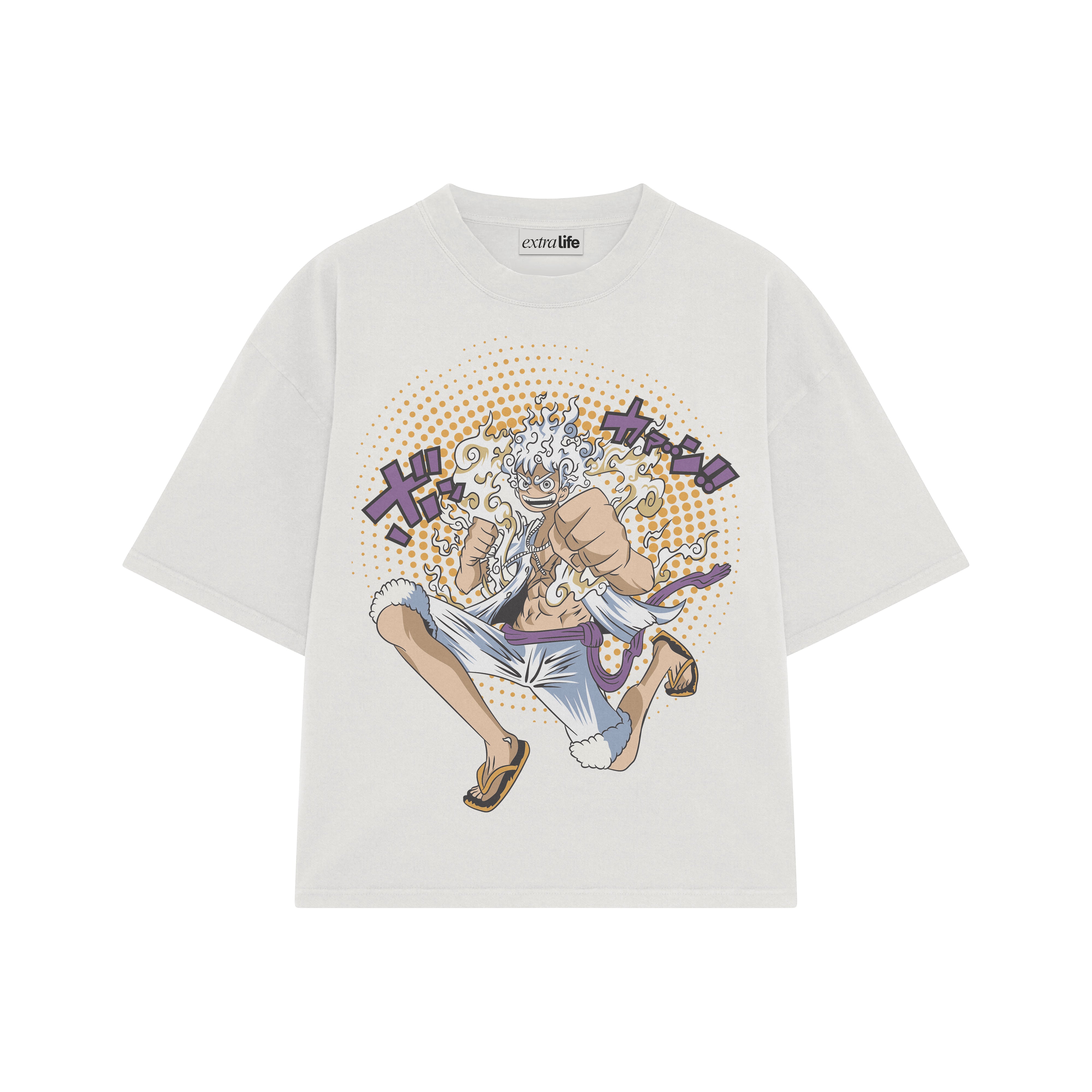 Playera streetwear premium de anime y gaming ExtraLife MX, corte boxy oversized drop shoulder heavyweight en color Deep Black y Off-White, moda urbana mexicana de culto.