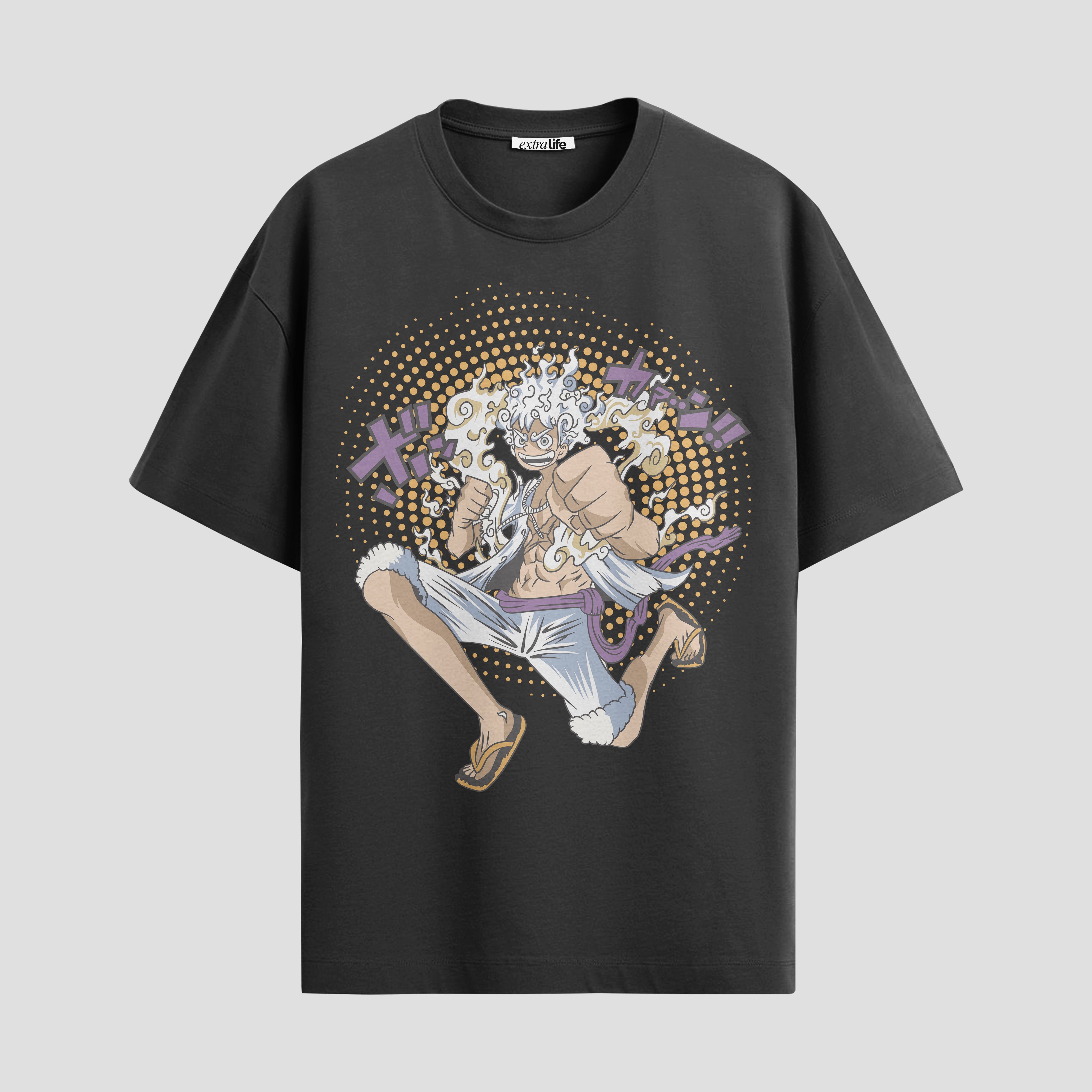 Playera urbana de anime y gaming ExtraLife MX, corte Standard Fit unisex ligero y transpirable en color Deep Black y Pure White, ropa de uso diario para gym y casual.