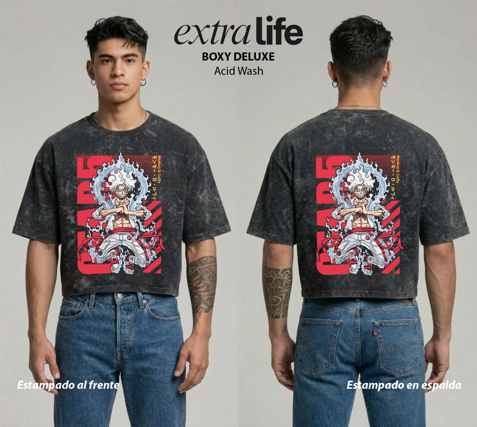 Playera streetwear premium de anime y gaming ExtraLife MX, corte boxy deluxe mineral wash heavyweight en color Acid Wash, moda urbana mexicana de culto.