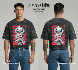 Playera streetwear premium de anime y gaming ExtraLife MX, corte boxy deluxe mineral wash heavyweight en color Acid Wash, moda urbana mexicana de culto.