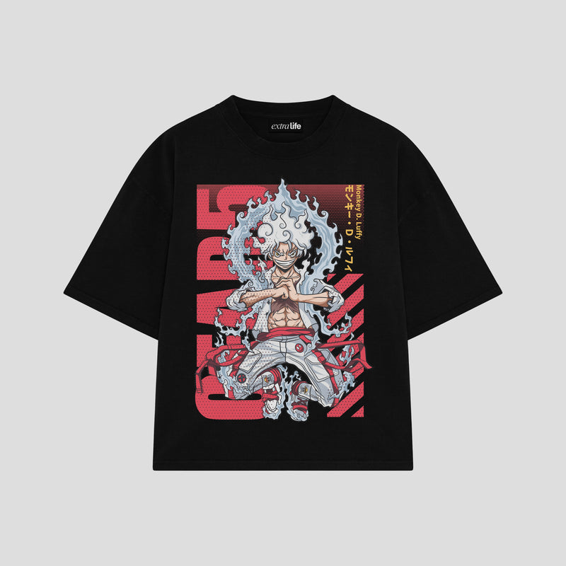 Playera streetwear premium de anime y gaming ExtraLife MX, corte boxy oversized drop shoulder heavyweight en color Deep Black y Off-White, moda urbana mexicana de culto.
