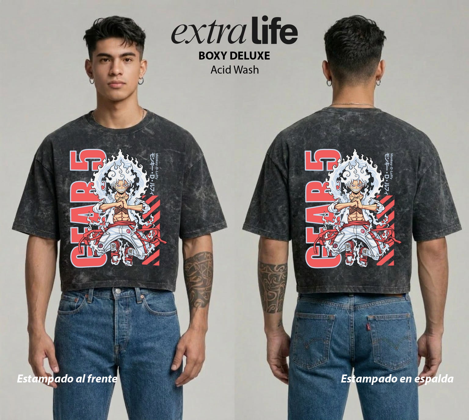 Playera streetwear premium de anime y gaming ExtraLife MX, corte boxy deluxe mineral wash heavyweight en color Acid Wash, moda urbana mexicana de culto.