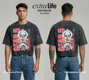 Playera streetwear premium de anime y gaming ExtraLife MX, corte boxy deluxe mineral wash heavyweight en color Acid Wash, moda urbana mexicana de culto.