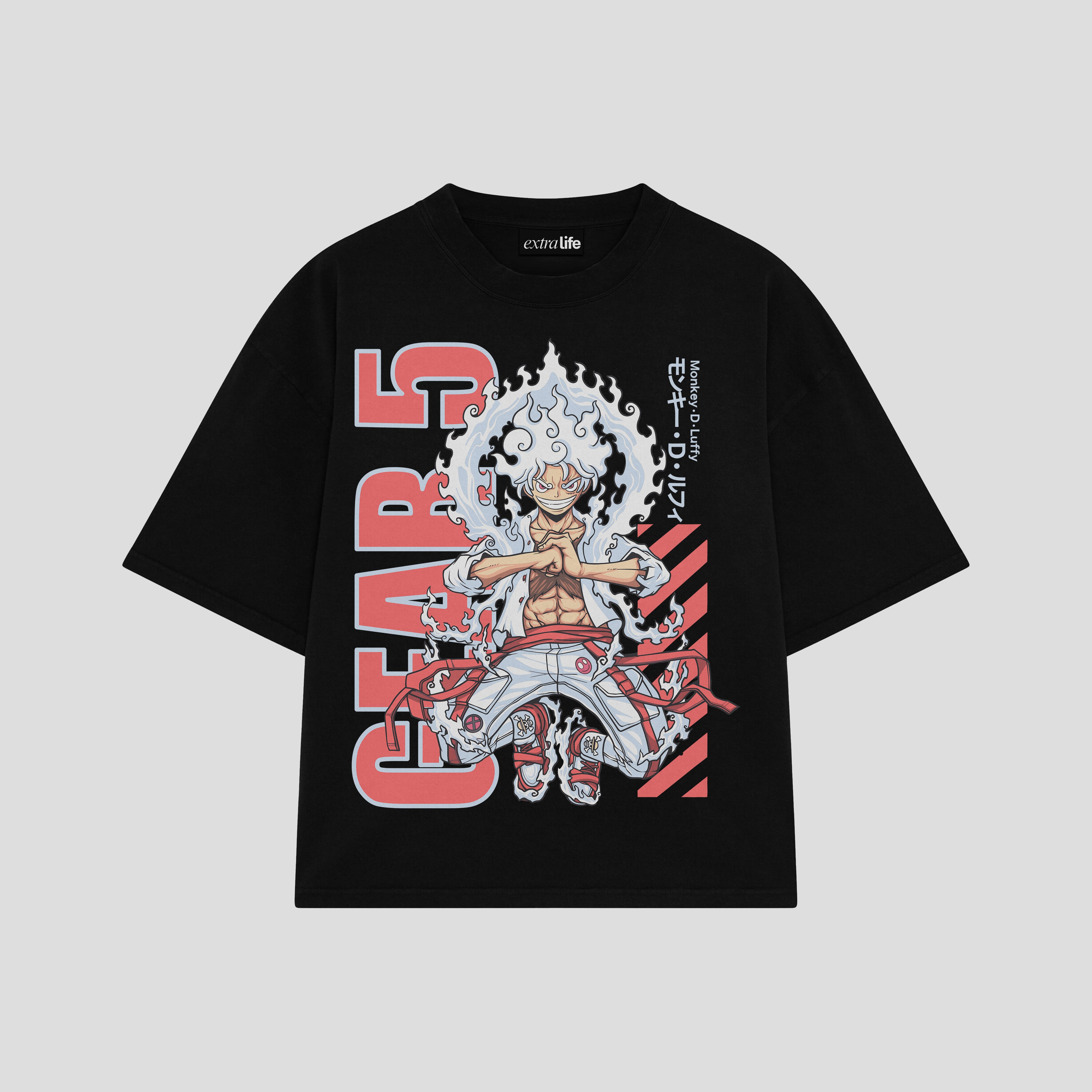 Playera streetwear premium de anime y gaming ExtraLife MX, corte boxy oversized drop shoulder heavyweight en color Deep Black y Off-White, moda urbana mexicana de culto.