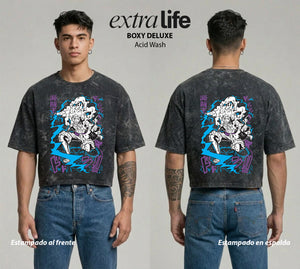 Playera streetwear premium de anime y gaming ExtraLife MX, corte boxy deluxe mineral wash heavyweight en color Acid Wash, moda urbana mexicana de culto.
