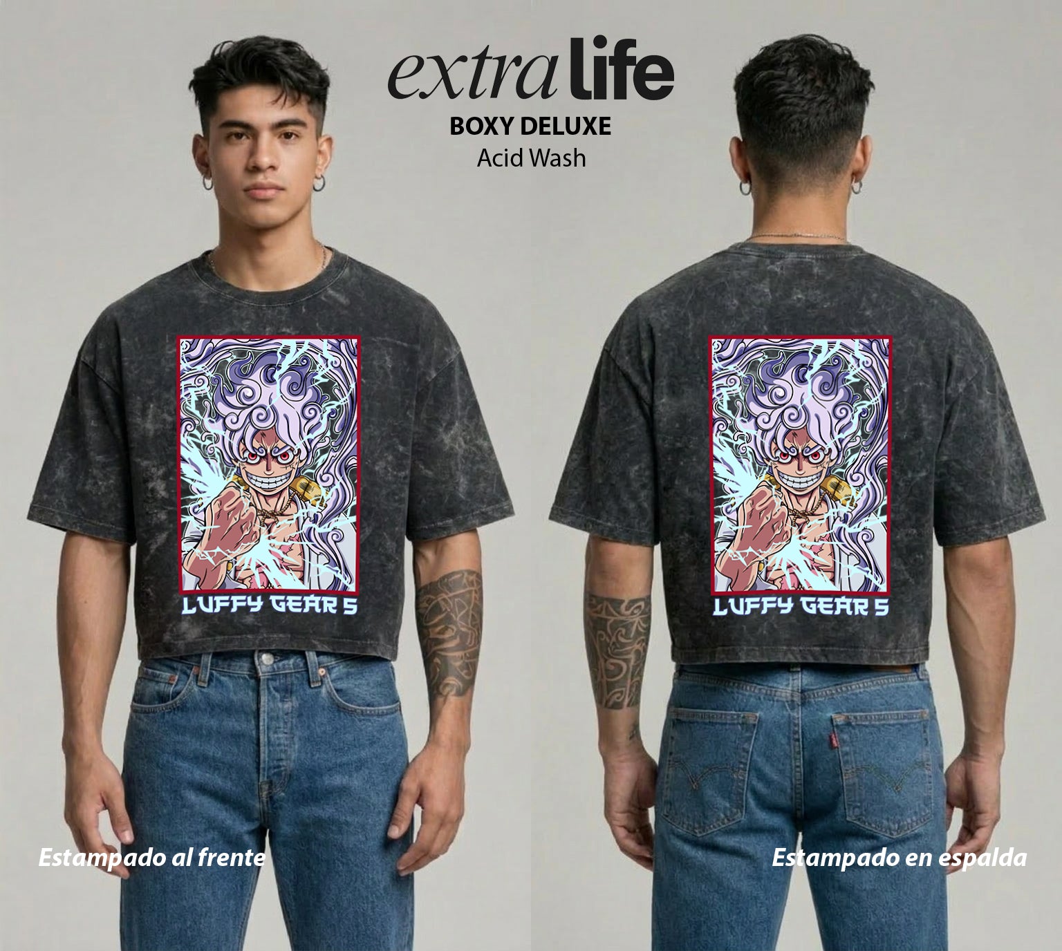 Playera streetwear premium de anime y gaming ExtraLife MX, corte boxy deluxe mineral wash heavyweight en color Acid Wash, moda urbana mexicana de culto.