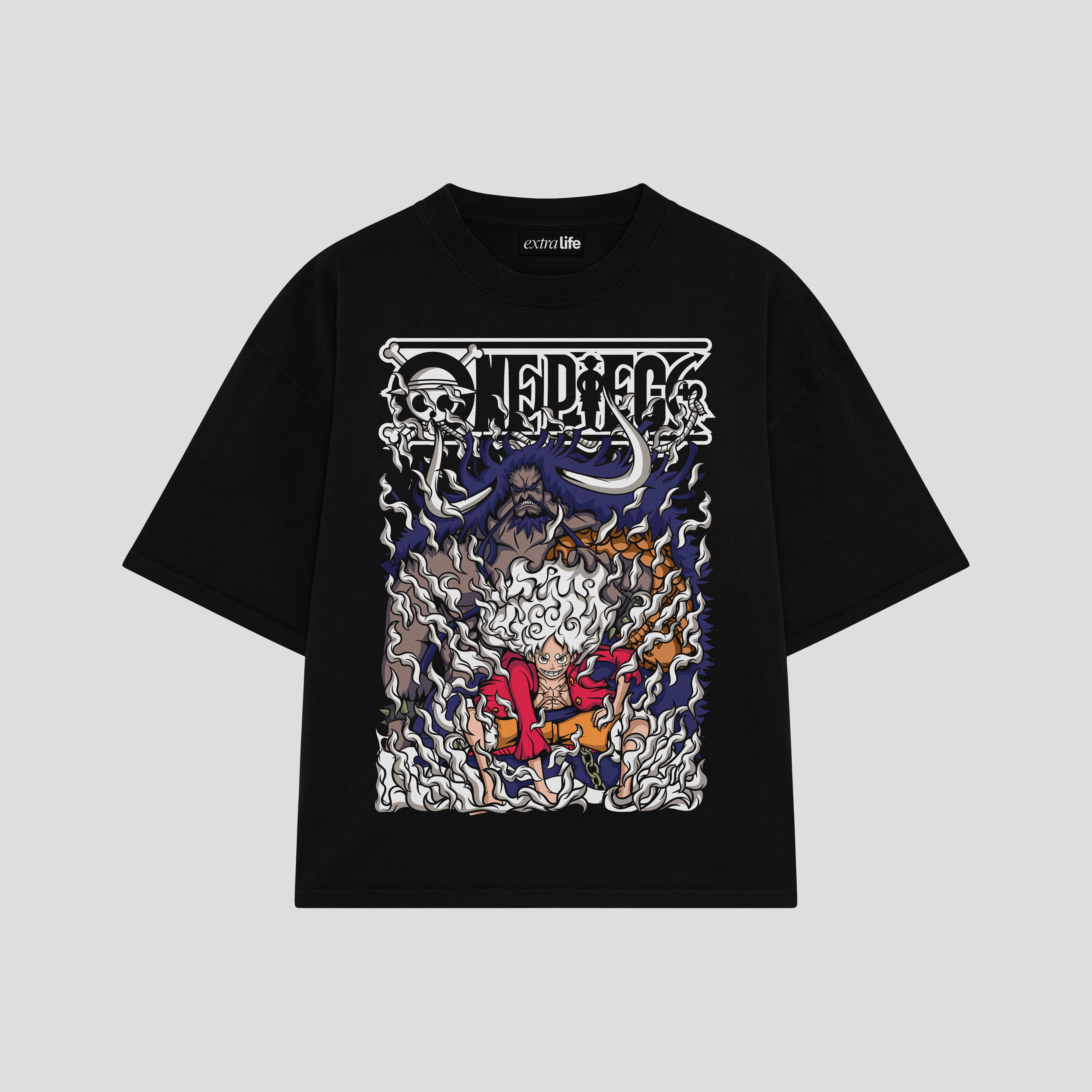 Playera streetwear premium de anime y gaming ExtraLife MX, corte boxy oversized drop shoulder heavyweight en color Deep Black y Off-White, moda urbana mexicana de culto.