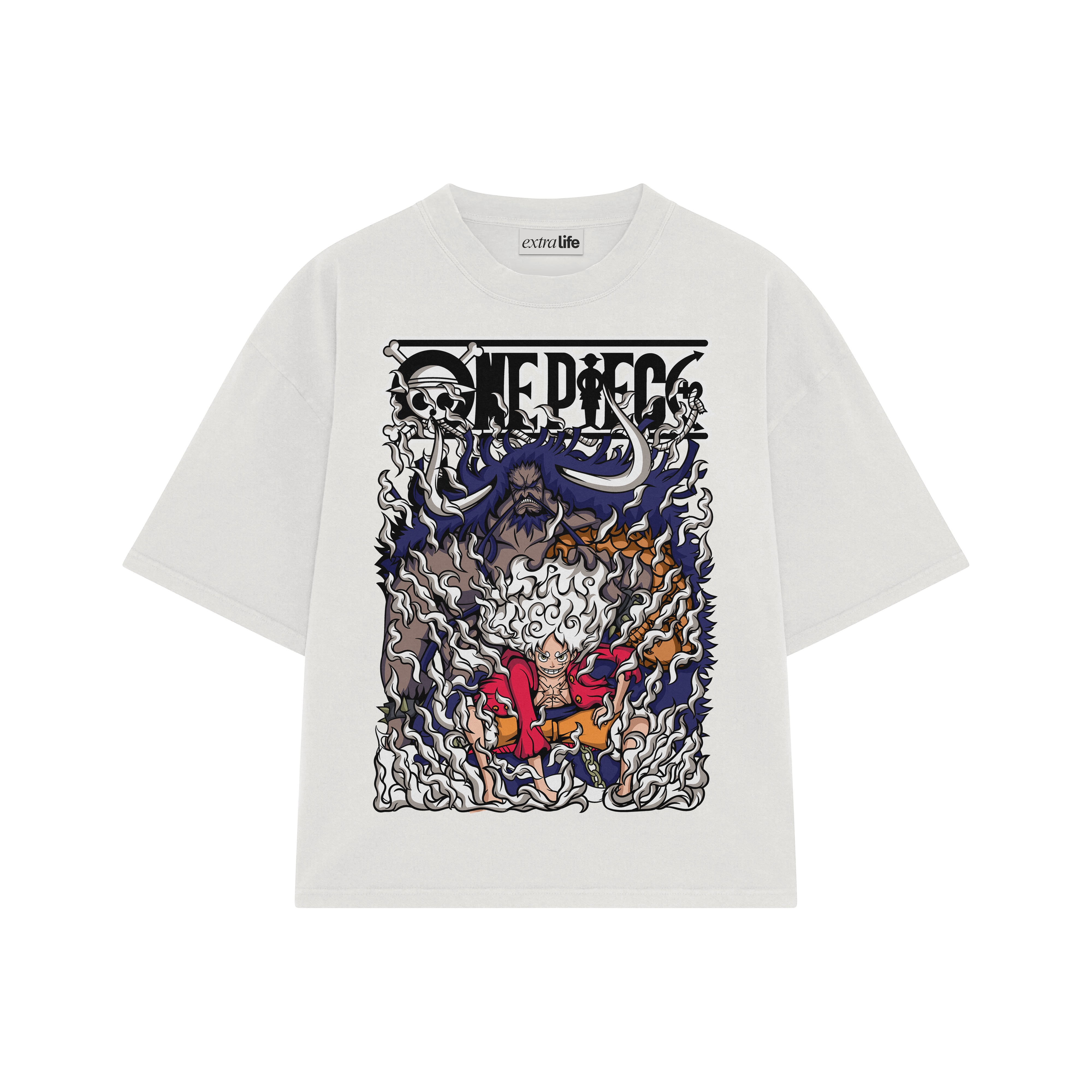 Playera streetwear premium de anime y gaming ExtraLife MX, corte boxy oversized drop shoulder heavyweight en color Deep Black y Off-White, moda urbana mexicana de culto.