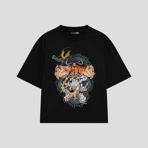 Playera streetwear premium de anime y gaming ExtraLife MX, corte boxy oversized drop shoulder heavyweight en color Deep Black y Off-White, moda urbana mexicana de culto.