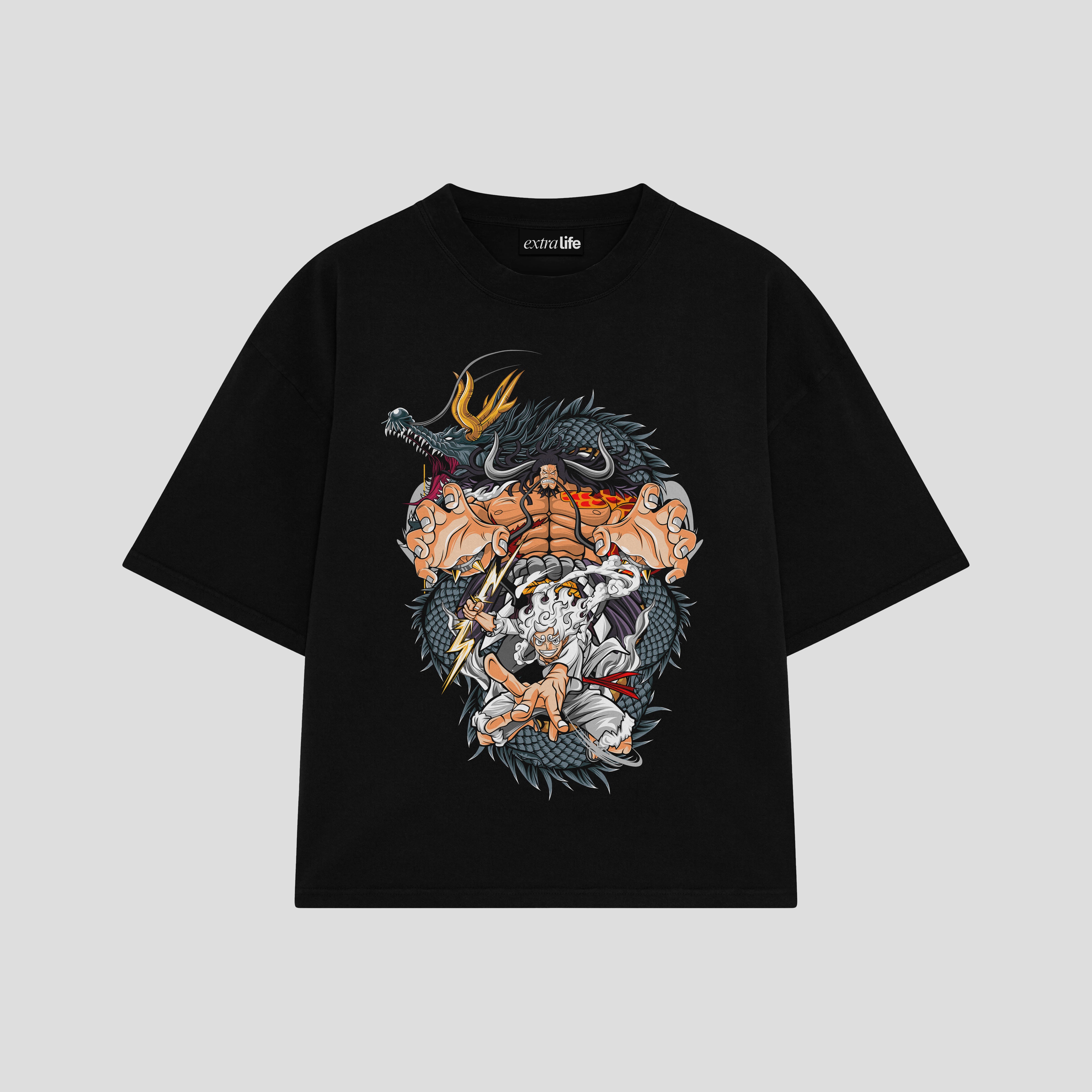 Playera streetwear premium de anime y gaming ExtraLife MX, corte boxy oversized drop shoulder heavyweight en color Deep Black y Off-White, moda urbana mexicana de culto.