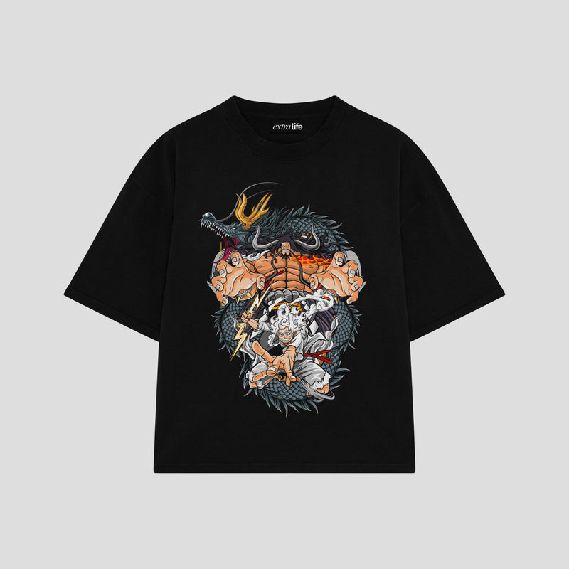 Playera streetwear premium de anime y gaming ExtraLife MX, corte boxy oversized drop shoulder heavyweight en color Deep Black y Off-White, moda urbana mexicana de culto.