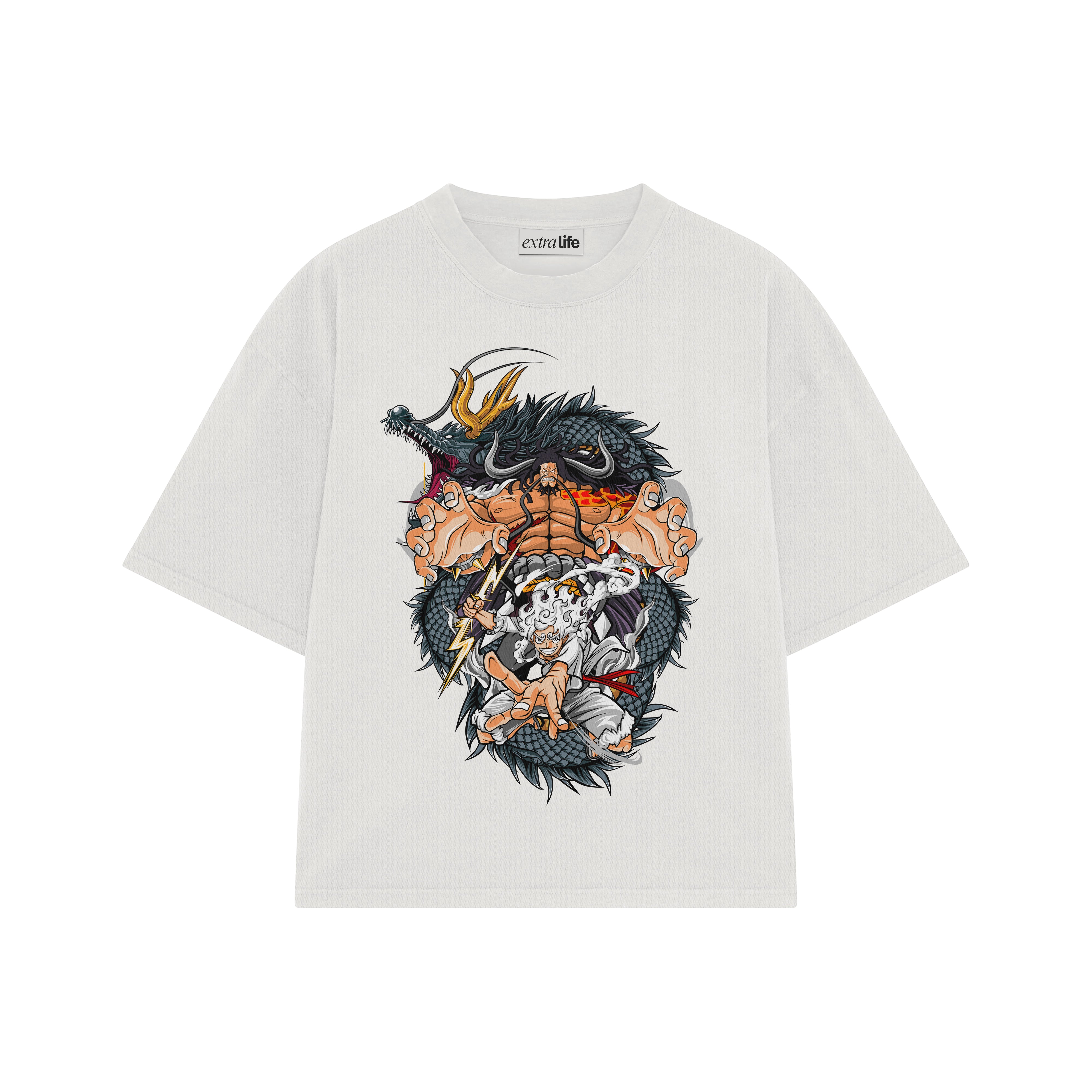 Playera streetwear premium de anime y gaming ExtraLife MX, corte boxy oversized drop shoulder heavyweight en color Deep Black y Off-White, moda urbana mexicana de culto.