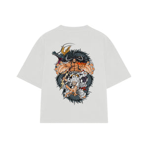 Playera streetwear premium de anime y gaming ExtraLife MX, corte boxy oversized drop shoulder heavyweight en color Deep Black y Off-White, moda urbana mexicana de culto.