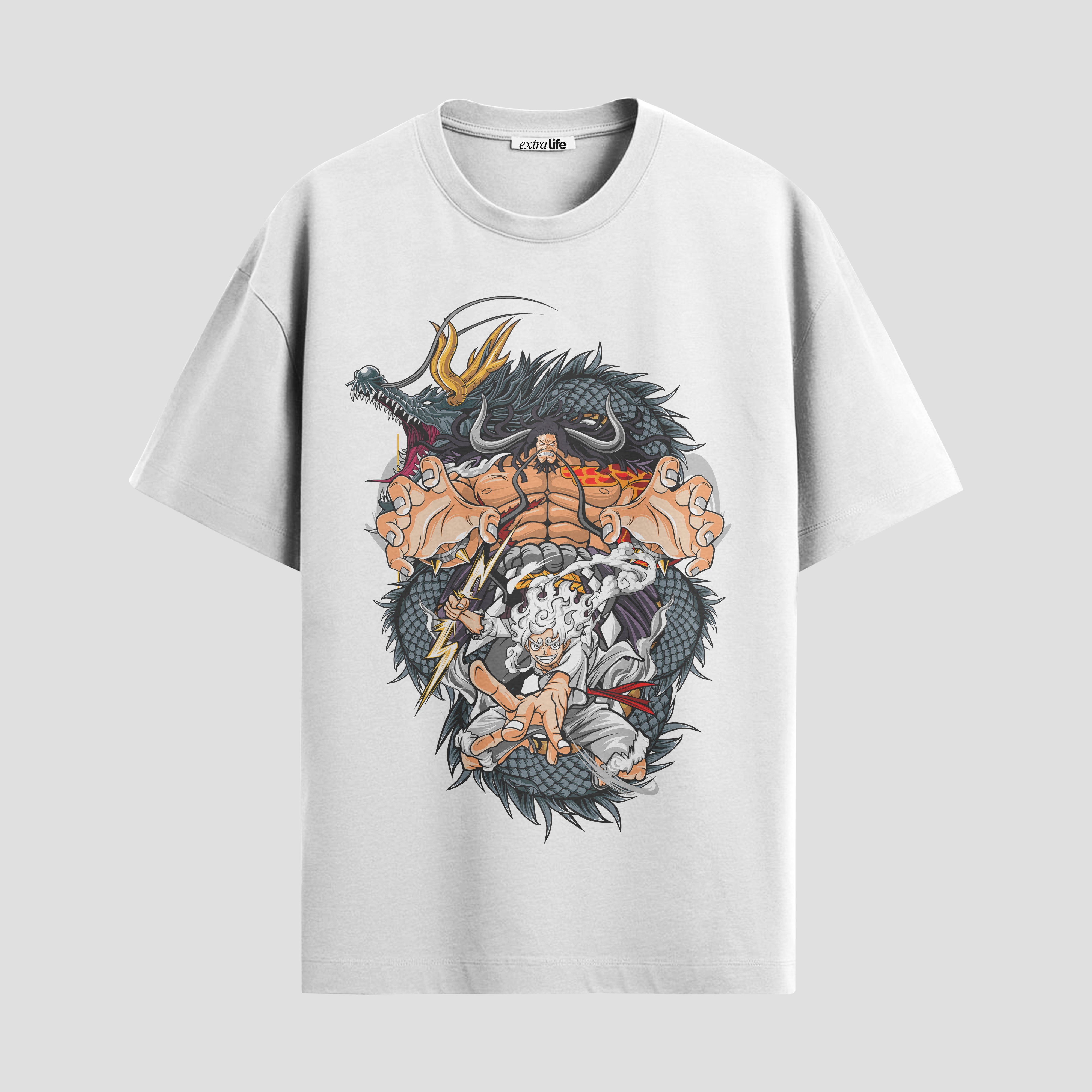 Playera urbana de anime y gaming ExtraLife MX, corte Standard Fit unisex ligero y transpirable en color Deep Black y Pure White, ropa de uso diario para gym y casual.