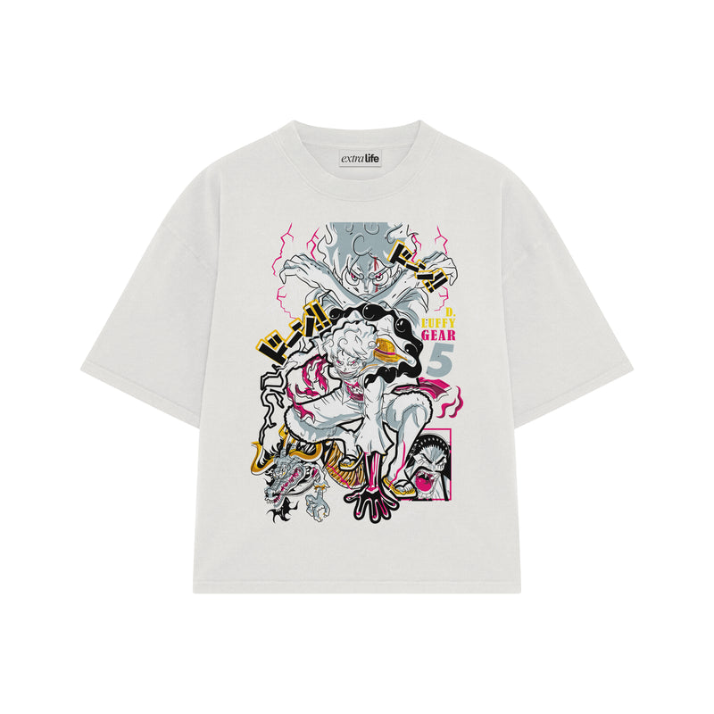 Playera streetwear premium de anime y gaming ExtraLife MX, corte boxy oversized drop shoulder heavyweight en color Deep Black y Off-White, moda urbana mexicana de culto.