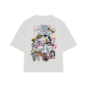 Playera streetwear premium de anime y gaming ExtraLife MX, corte boxy oversized drop shoulder heavyweight en color Deep Black y Off-White, moda urbana mexicana de culto.