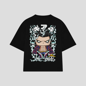 Playera streetwear premium de anime y gaming ExtraLife MX, corte boxy oversized drop shoulder heavyweight en color Deep Black y Off-White, moda urbana mexicana de culto.