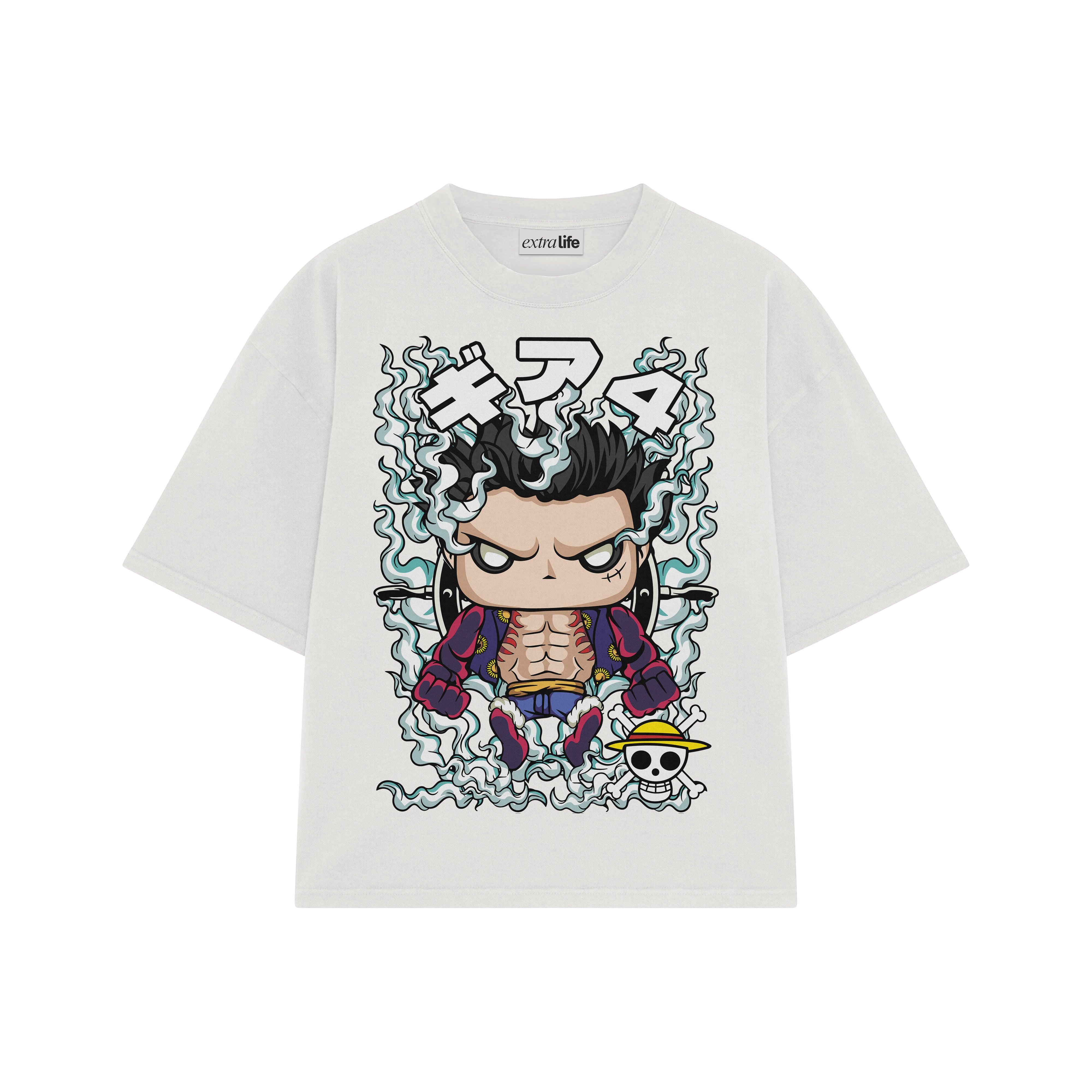 Playera streetwear premium de anime y gaming ExtraLife MX, corte boxy oversized drop shoulder heavyweight en color Deep Black y Off-White, moda urbana mexicana de culto.