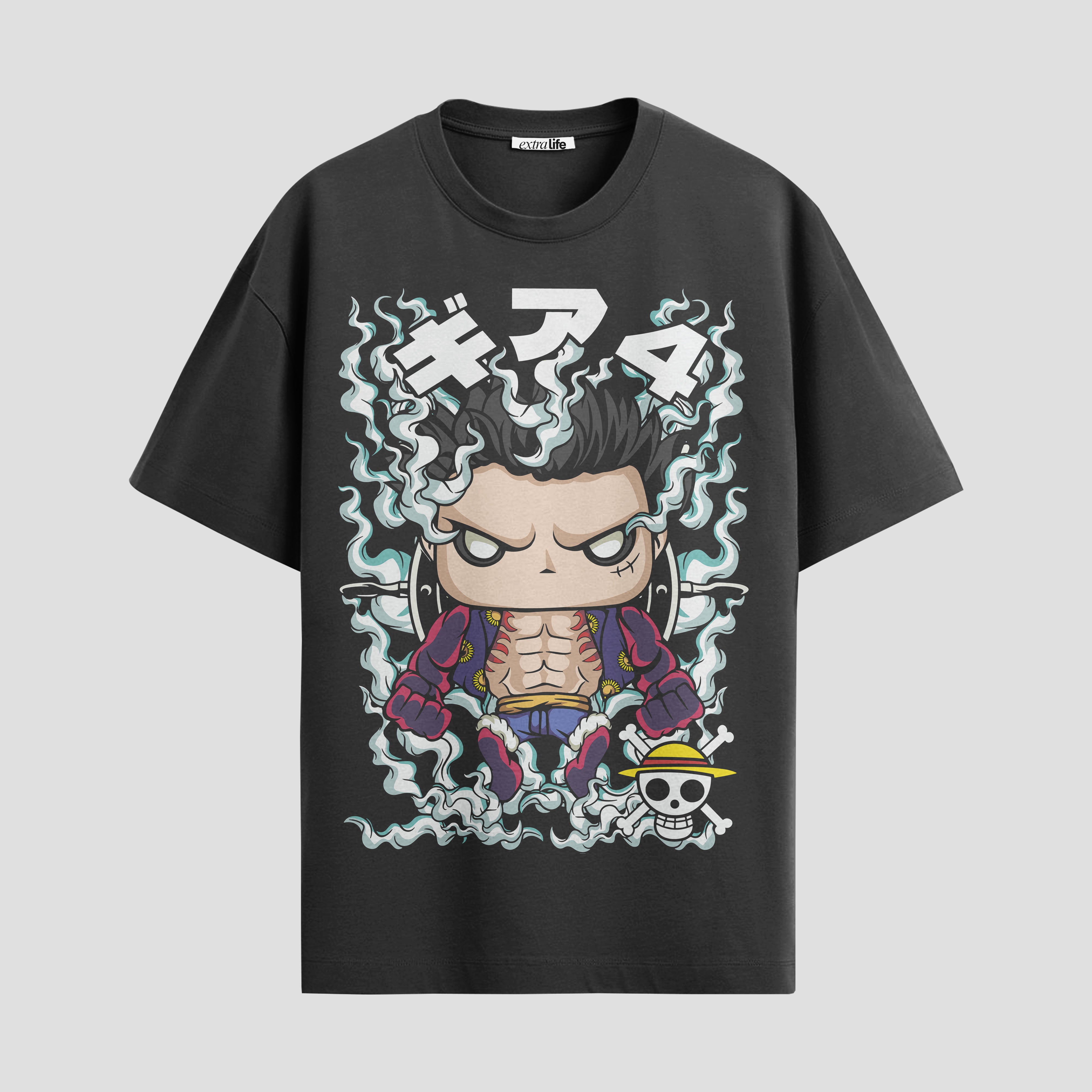 Playera urbana de anime y gaming ExtraLife MX, corte Standard Fit unisex ligero y transpirable en color Deep Black y Pure White, ropa de uso diario para gym y casual.
