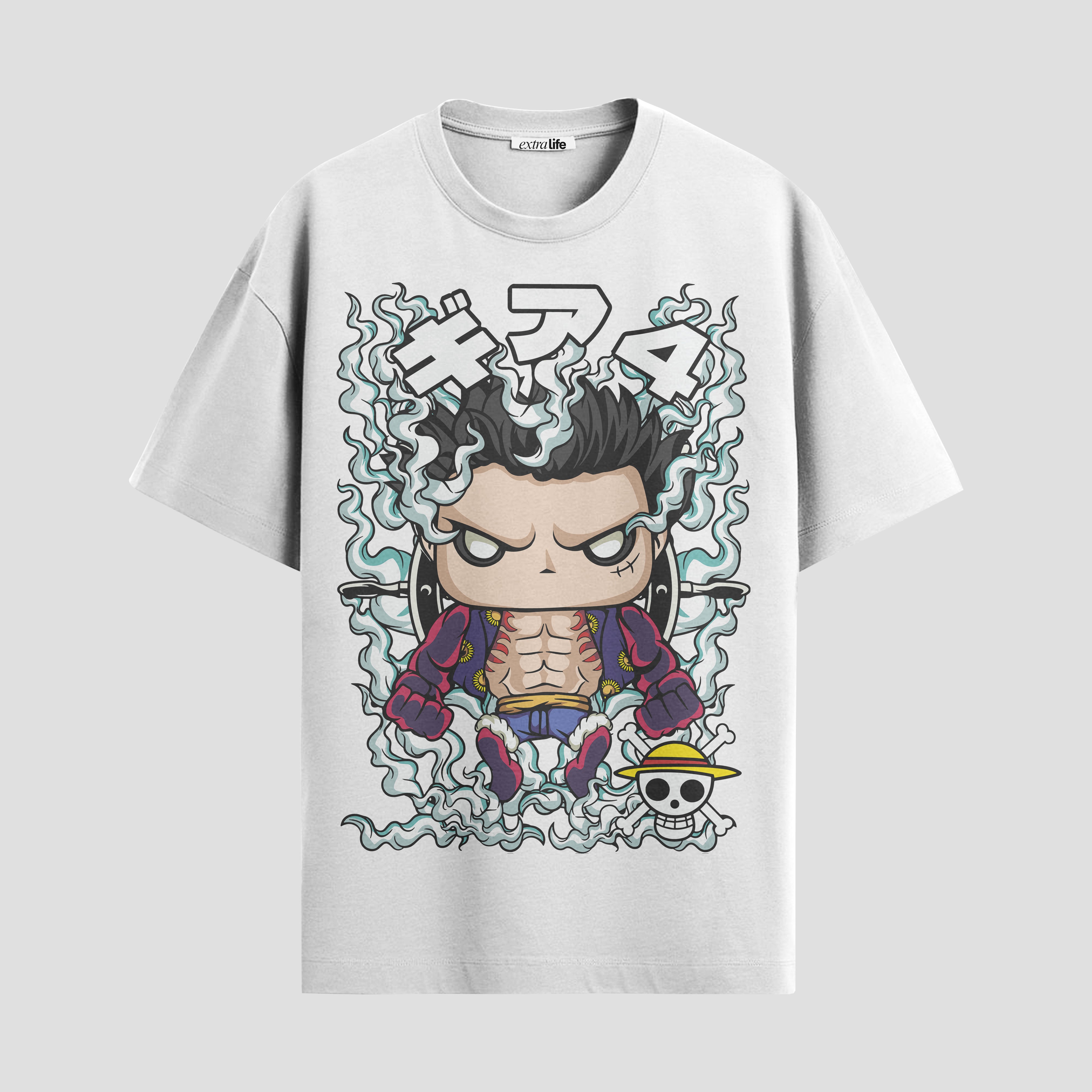 Playera urbana de anime y gaming ExtraLife MX, corte Standard Fit unisex ligero y transpirable en color Deep Black y Pure White, ropa de uso diario para gym y casual.