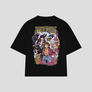 Playera streetwear premium de anime y gaming ExtraLife MX, corte boxy oversized drop shoulder heavyweight en color Deep Black y Off-White, moda urbana mexicana de culto.