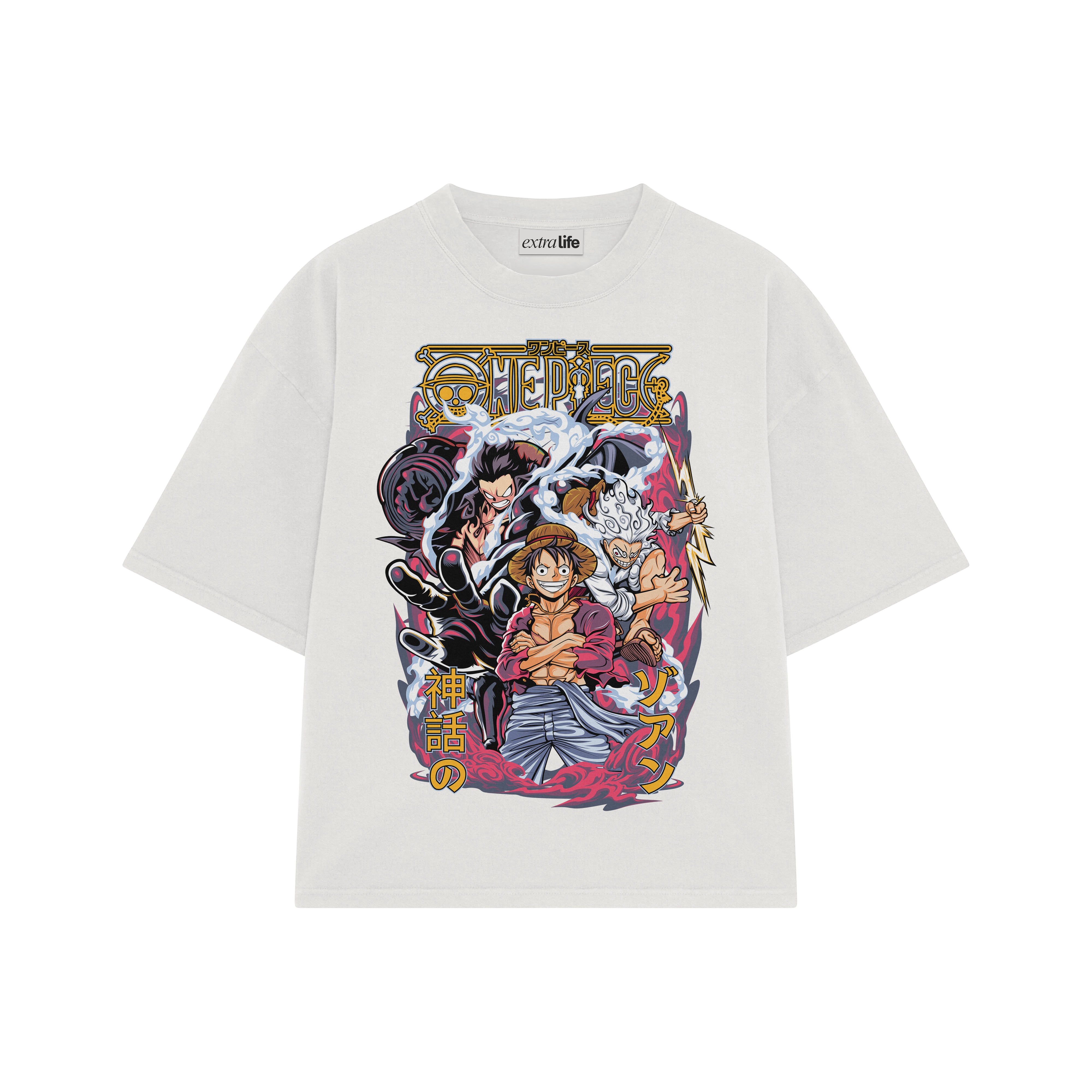 Playera streetwear premium de anime y gaming ExtraLife MX, corte boxy oversized drop shoulder heavyweight en color Deep Black y Off-White, moda urbana mexicana de culto.